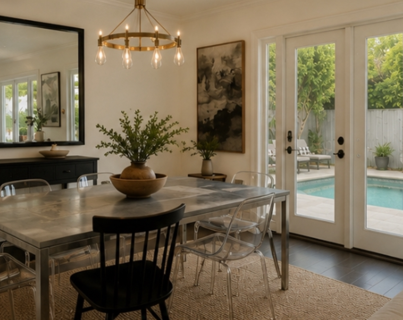 Dining room with brass chandelier