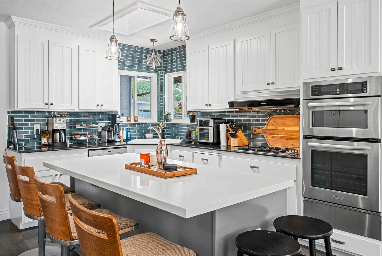 Kitchen island with teal subway tile backsplash